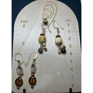 Dangle Earrings Artisan Crafted Beaded Earth Tones Lot‎ 2 Sterling Silver & Gold